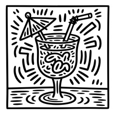Cocktails alcoholic martini, aperol spritz in ink doodle style. Hand drawn collection of drink. Italian style wedding dinner icons.
