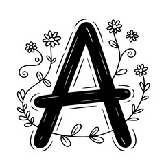 Black floral alphabet, botanical monogram vector letters with black line art flowers, leaves and thorns
