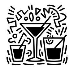 Cocktails alcoholic martini, aperol spritz in ink doodle style. Hand drawn collection of drink. Italian style wedding dinner icons.
