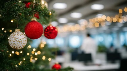 317Macro of red, gold, and silver baubles on office Christmas tree, glowing LED lights, employees and office monitors visible but softly out of focus in background - Powered by Adobe