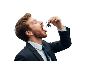 a handsome young man in a suit is catching a small black butterfly with his tongue looking upwards with a joyful expression on
