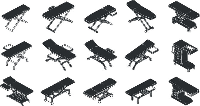 Set of minimalist black and white vector illustrations of various medical treatment tables and adjustable furniture for healthcare settings