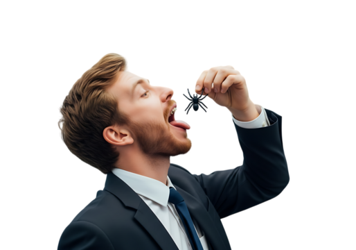 a handsome young man in a suit is catching a small black butterfly with his tongue looking upwards with a joyful expression on