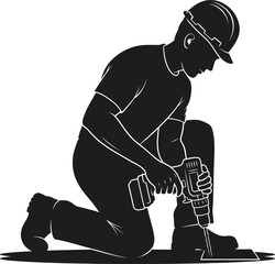 Construction Worker Kneeling Using Power Drill on Floor Surface Safety Silhouette