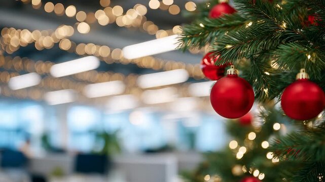 320Office Christmas tree close-up, focus on shiny balls, ribbons, and twinkling lights, blurred corporate workspace behind, sunlight reflecting off decorations