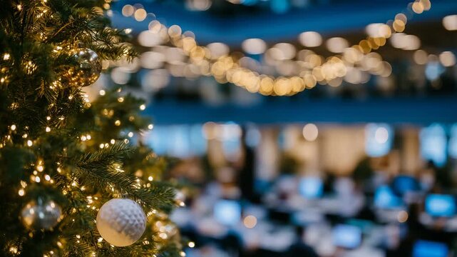 321Detailed view of Christmas tree lights and ornaments, corporate employees in background engaged in work, festive holiday atmosphere in modern office