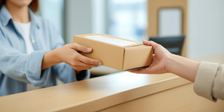 Close up of a person handing a cardboard package to a clerk over a counter