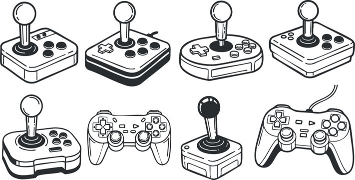 Vector illustration of various gaming controllers and joysticks in a black and white style for digital entertainment projects