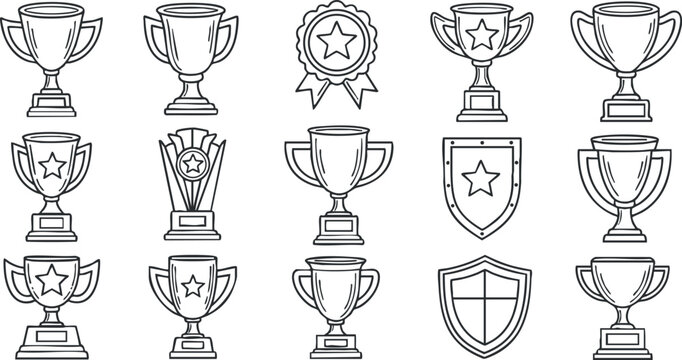 Set of minimalist line art vector icons featuring various trophy, medal, and shield designs for awards and recognition