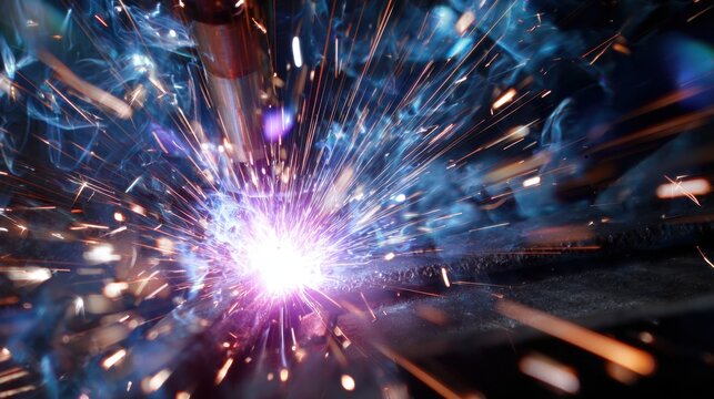 Bright sparks illuminate a workshop as a welder expertly joins metal pieces. The intense glow and dynamic movements capture the art of welding in action.