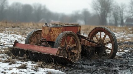A vintage tractor plows through a field blanketed with fresh snow