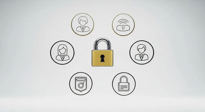 Golden padlock surrounded by user and security icons on white background data protection