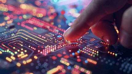 A close-up view of a fingertip touching a brightly lit circuit board