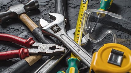 A collection of various hand tools including hammers, pliers, and wrenches on a textured dark surface