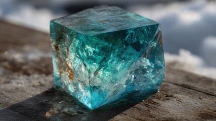 A blue crystal is sitting on a wooden surface. The crystal is large and has a unique shape