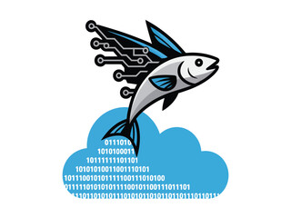 Obraz premium A flying fish with electronic circuit board wings soars above a cloud of binary code.