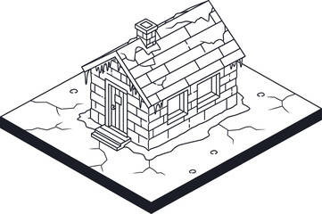 Isometric Stone Cabin or Hut Outline Vector, Abandoned Winter Landscape and Cracked Ground Scene