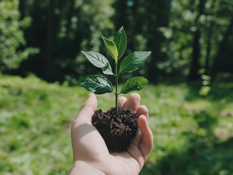 Nurturing young tree seedling in lush green forest nature conservation focus earth day celebration