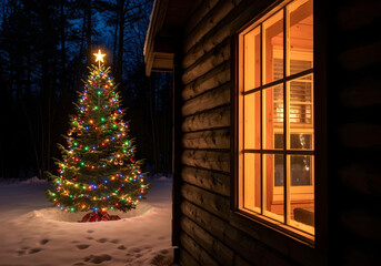 A Christmas tree seen from outside a house window 2