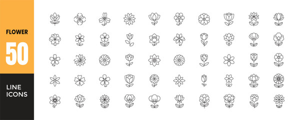 Flower and Flora Line Icons Set. Collection of 50 Thin Outline Vector Symbols: Spring, Summer, Floral, Blossom, Bloom, Nature, Garden, and Botanical Elements. Elegant Decoration.