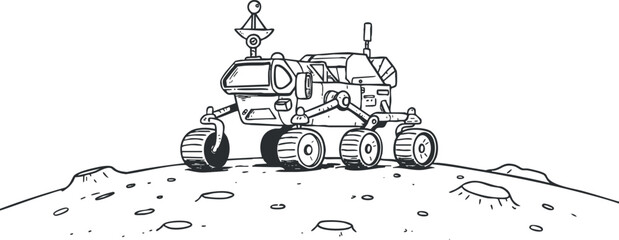 Outline vector illustration of a lunar rover exploring the moon's surface, ideal for space exploration and technology themes