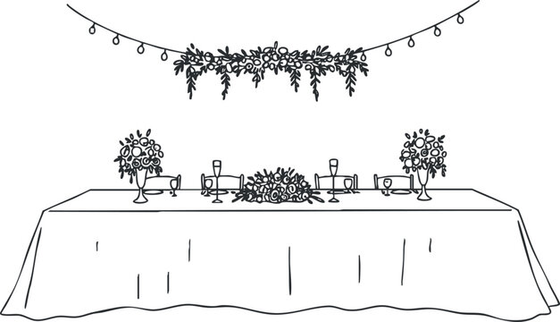 Elegant minimalist vector illustration of a wedding reception table decorated with floral arrangements and string lights.