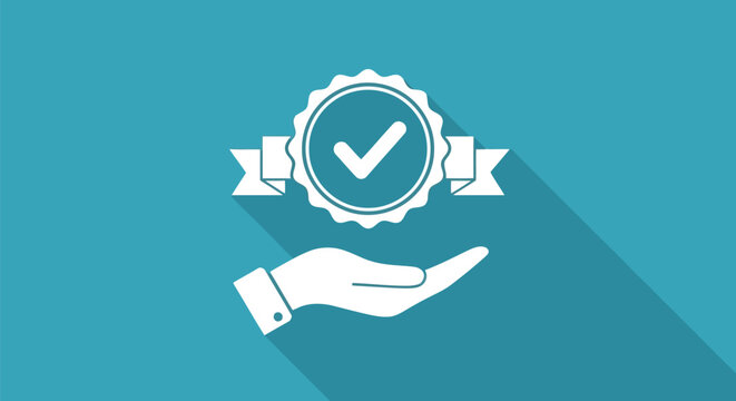 Illustration of hand holding a quality badge on a blue background
