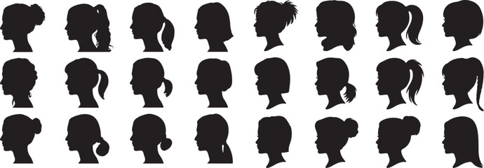 Girl Head Silhouettes Vector Set | Diverse Young Female Hairstyles for Design and Illustration