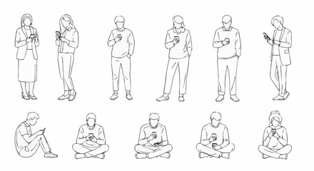 Hand drawn sketch collection of people using their smartphones.