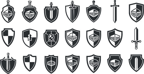 Collection of minimalist shield and sword vector icons in black and white style for gaming and branding projects