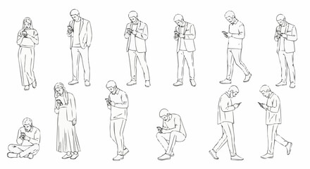 Diverse group of people engrossed in their mobile phones, illustrating modern digital engagement.