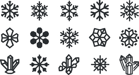 Stylized collection of black and white snowflake vector illustrations in various geometric designs for winter-themed projects