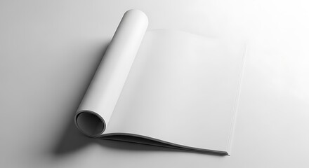 Blank white paper roll partially unrolled on a light surface, ready for design, blueprint, or advertisement presentation