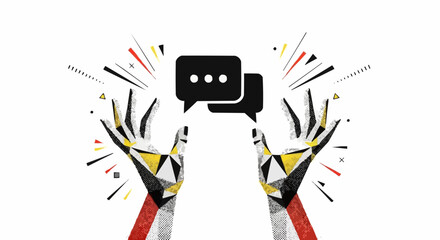 Abstract geometric hands holding communication speech bubbles.