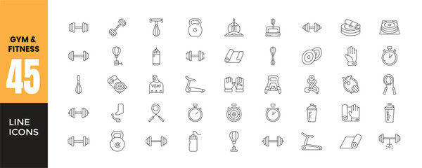 Gym, Fitness and Workout Line Icons Set. Collection of 45 Thin Outline Vector Symbols. Sport Equipment, Dumbbell, Kettlebell, Treadmill, Boxing, Yoga Mat, Exercise, and Healthy Lifestyle Graphics.