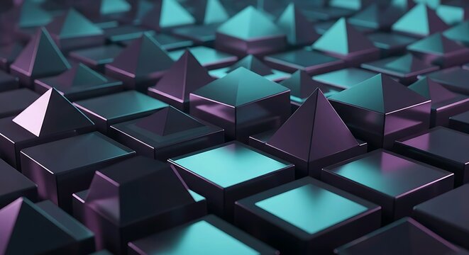           "Futuristic 3D Geometric Pyramid Grid in Metallic Teal and Purple Abstract Background"