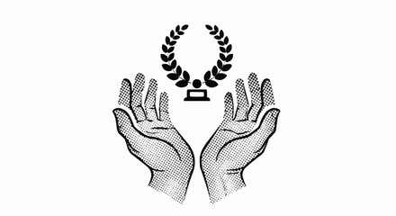 Hands Presenting a Laurel Wreath and Trophy Symbol.