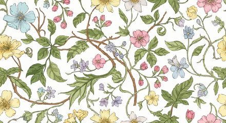 Floral pattern with colorful flowers and green leaves on white background.