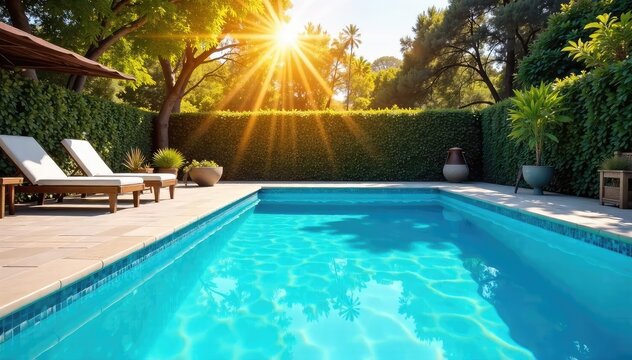 A sparkling blue swimming pool under the summer sun, perfect for a refreshing dip Clear water, sun-drenched patio, summer vibes, relaxation , paradise, swimming pool - Powered by Adobe