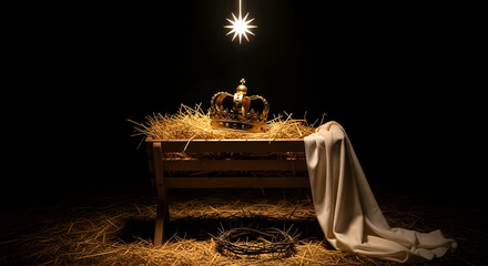 Nativity Manger with Royal Crown, Crown of Thorns, and Shining Star, Symbolizing Jesus' Birth, Kingship, and Redemption for Religious Observances and Spiritual Reflection