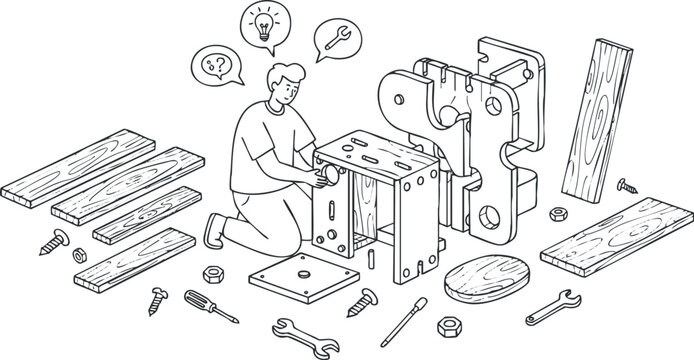 Line art vector illustration of a craftsman assembling a wooden project with tools and materials for DIY enthusiasts