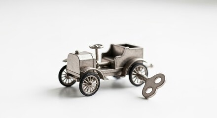 A vintage wind-up car toy made of silver metal sits on white background
