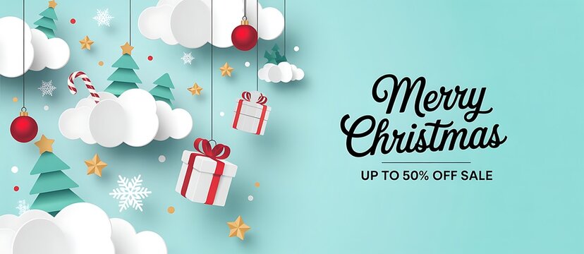 Merry christmas sale banner with christmas tree, gift box, and decorations on blue background