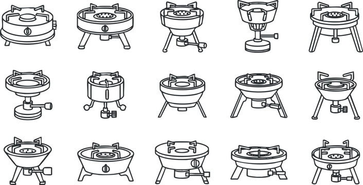 Set of outline vector illustrations featuring various outdoor cooking stoves and grills for camping and barbecue use