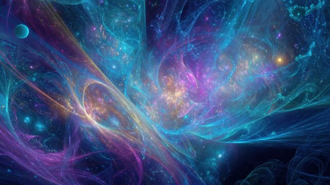 A colorful space scene with a blue and purple background and a yellow and orange swirl. The image is abstract and has a dreamy, otherworldly feel to it