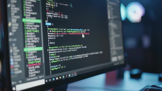 Person intensely typing on computer keyboard with monitor in background, conveying focused work or data analysis, technological innovation, and dedication to a task, perfect for using as a.