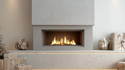 Modern fireplace with burning flames minimalist design for cozy home interior with Christmas gifts and decorations - Powered by Adobe
