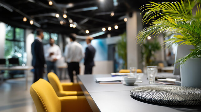 Partial view of colleagues' torsos with clear focused contemporary meeting space and stylish decor elements, with copy space