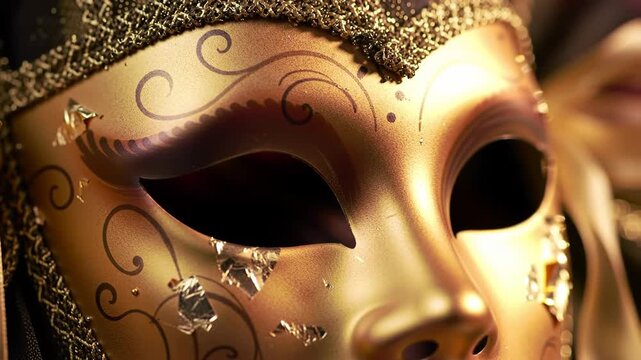 Close-up of ornate gold Venetian mask, with decorative details, blurred background for events