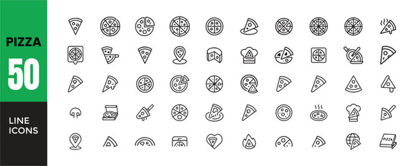 Minimalist Pizza Line Icons Set | Thin Outline Symbols of Pizza Slice, Whole Pizza, Delivery Box, Chef, and Ingredients for Restaurant and Fast Food Design.